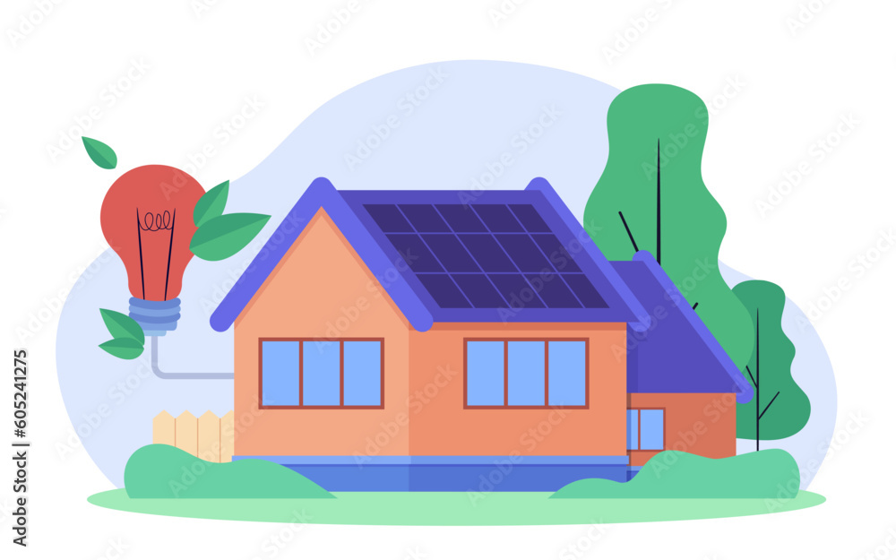 House with solar panels and big lightbulb vector illustration. Cartoon drawing of eco-friendly home using alternative renewable energy. Ecology, environment, green living, sustainability concept