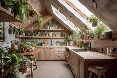 Modern cozy kitchen, eco interior design with beige colors and plants. Super photo realistic background, generative ai illustration © Anna