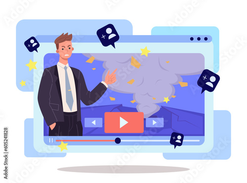 Reporter talking about war on social media platform. Video window with angry man pointing at explosion, influence on public opinion vector illustration. State propaganda, media, politics concept