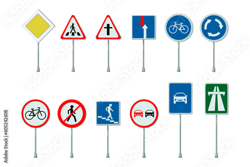 Different road or traffic signs vector illustrations set. Collection of cartoon drawings of sign boards on metal stands for pedestrians and drivers. Traffic safety, transportation concept