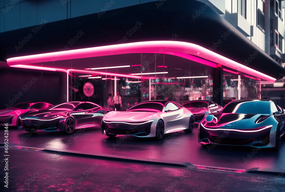 Naklejka premium rows of new cars are parked in front of a shop