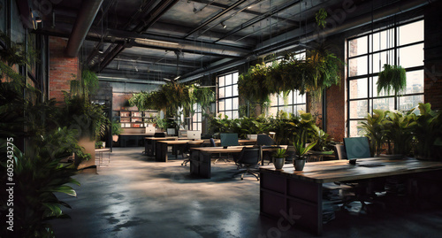 a large modern office with plants and benches