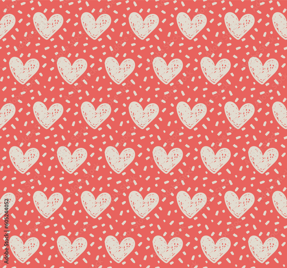 Seamless patterns with white textured hearts and dots on red background. Hand draw. Seamless patterns with white textured hearts and dots on red background. Hand draw.