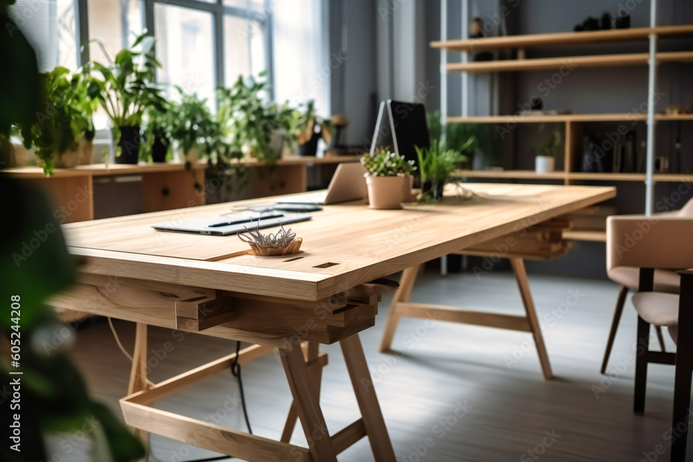 Fototapeta premium wooden office desk with plants and desk