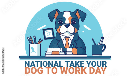 dog work at the table with pencil and pen coffe and laptop. dog with work suit isolated on white background to celebrate national take your dog to work day. vector eps