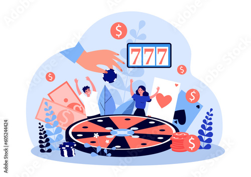 Happy gamblers with huge roulette and coins vector illustration. Cartoon drawing of big hand holding chip, jackpot, money and poker cards. Gambling, addiction, entertainment, casino concept