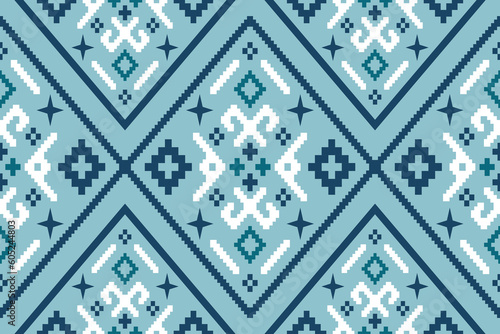 Indigo navy blue geometric traditional ethnic pattern Ikat seamless pattern border abstract design for fabric print cloth dress carpet curtains and sarong Aztec African Indian Indonesian 