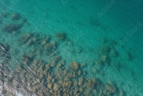 Aerial shot of clear sea water surface with sea floor