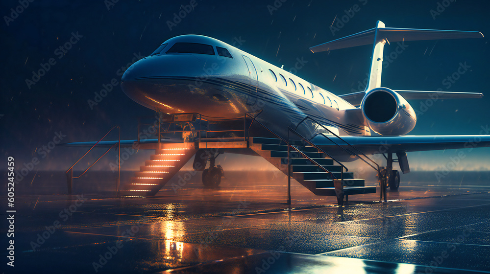Fototapeta premium private plane with steps led up to it in the evening
