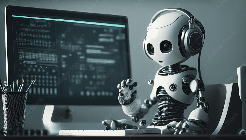 Humanoid robot with artificial intelligence working on computer (Generative AI) Humanoid robot with artificial intelligence working on computer (Generative AI)