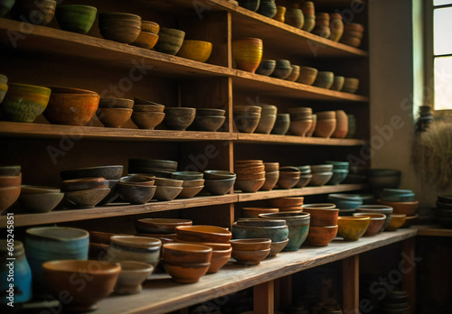 many different pottery items are shown on shelves