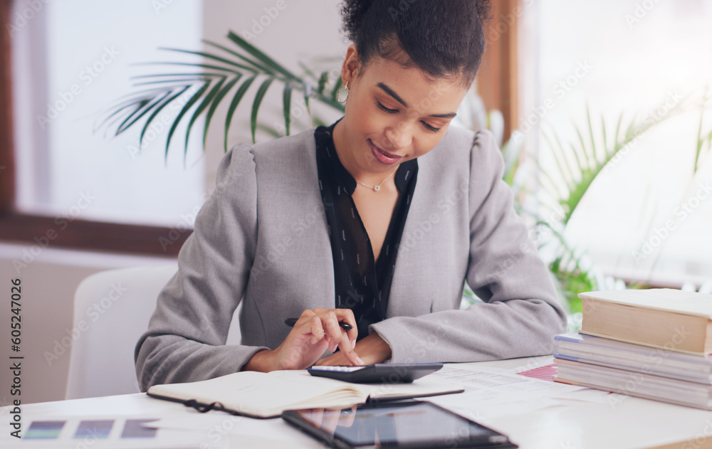 Accountant, calculator and woman with pen on desk for finance budget, math or planning. Professional african person with books, pen and list for tax on financial profit or income in accounting office Accountant, calculator and woman with pen on desk for finance budget, math or planning. Professional african person with books, pen and list for tax on financial profit or income in accounting office