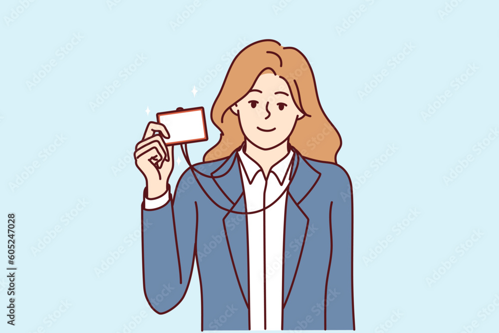 Businesswoman demonstrating ID badge to gain access to room or to introduce herself when meeting colleague. Girl manager in business clothes shows ID badge giving right enter office. Businesswoman demonstrating ID badge to gain access to room or to introduce herself when meeting colleague. Girl manager in business clothes shows ID badge giving right enter office.