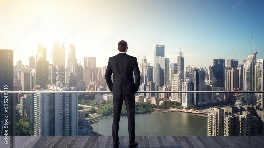 Businessman standing on the roof and looking at the city. Business concept.Generative Ai Businessman standing on the roof and looking at the city. Business concept.Generative Ai