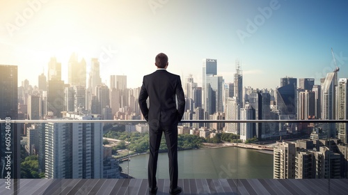 Businessman standing on the roof and looking at the city. Business concept.Generative Ai