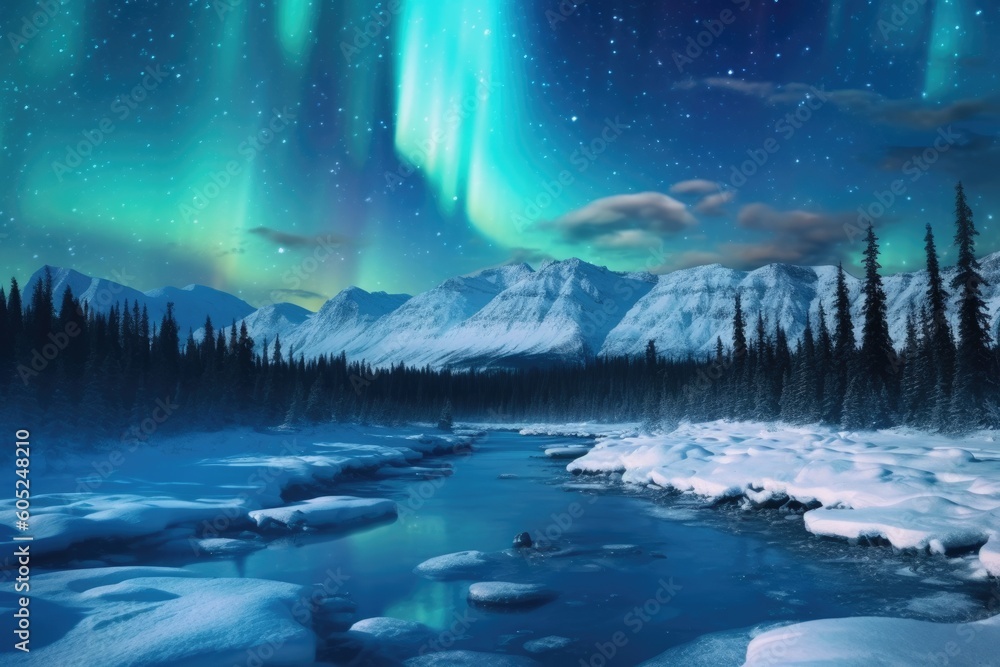 a river with a stunning aurora borealis display in the night sky