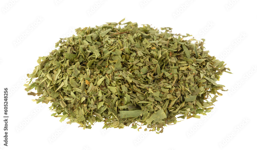 Side view of a small portion of cut tarragon isolated on a white background. Side view of a small portion of cut tarragon isolated on a white background.
