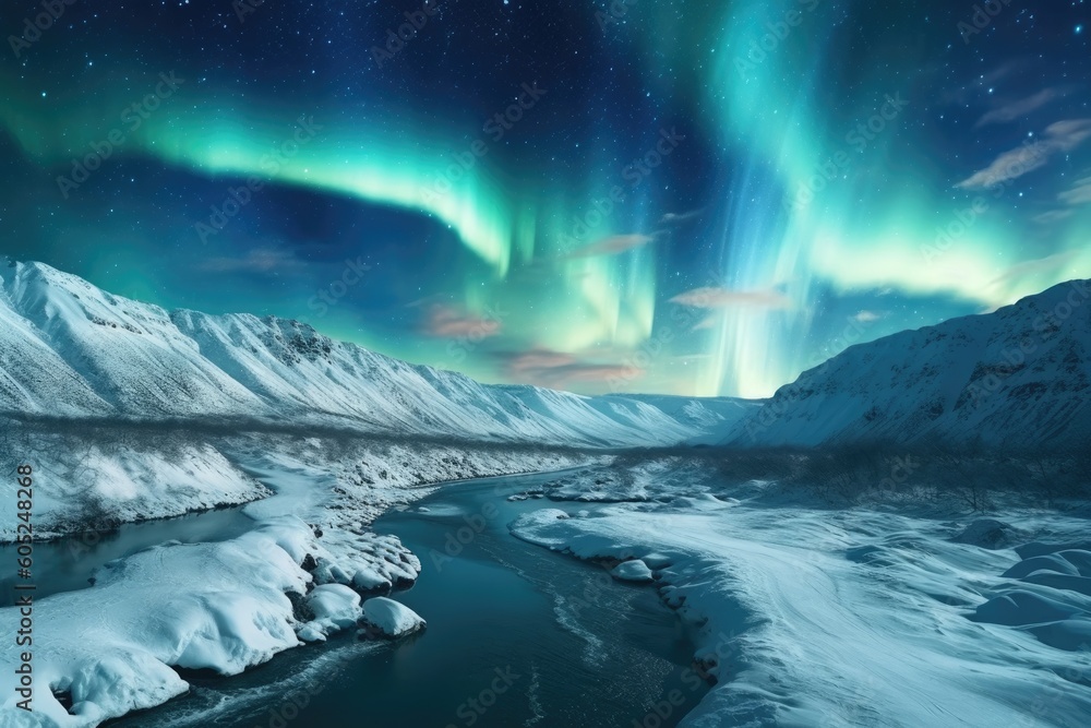 Naklejka premium Aurora Borealis over a Snowy Mountain Rang