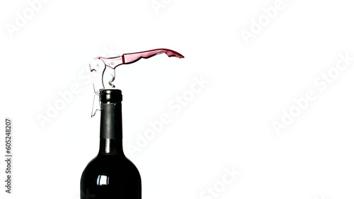 Opening a bottle of red wine with a corkscrew. Stop motion animation. Loop video