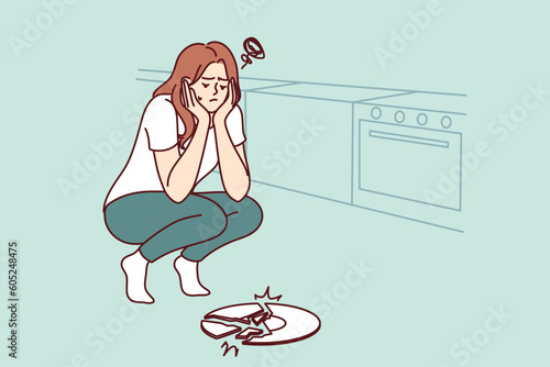 Sad woman broke plate in kitchen and is sad because of favorite saucer given by friends. Frustrated housewife girl dropped ceramic plate while cooking dinner and needs to buy new dishes