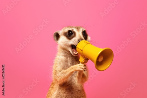 a meerkat using a yellow megaphone photo