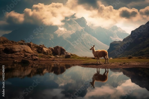 a majestic llama standing in front of a serene mountain lake