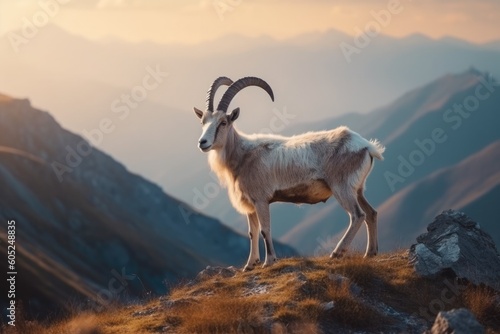 Illustration of a majestic mountain goat standing proudly on a hilltop, Generative AI