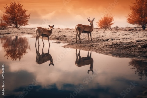 two deer standing near a serene waterbody © Virginie Verglas