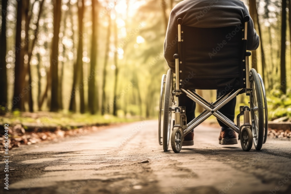 Illustration of a wheelchair user enjoying nature on a forest trail, Generative AI