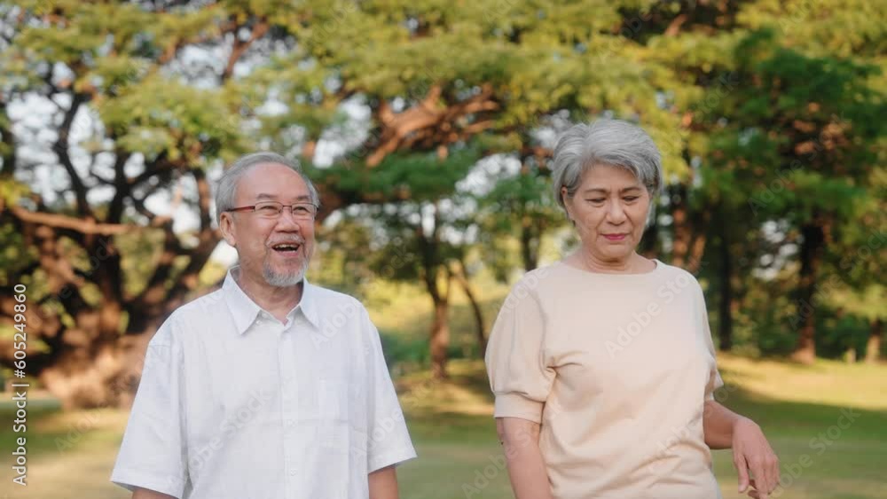 Asian senior couple walking and talking together in public park on weekend feeling relax and happy Asian senior couple walking and talking together in public park on weekend feeling relax and happy