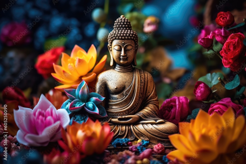 Buddha statue adorned with vibrant flowers