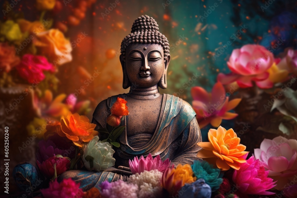 Buddha statue adorned with flowers
