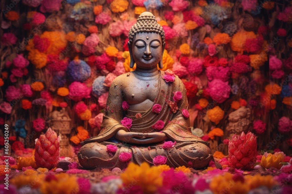 Buddha meditating in a garden surrounded by colorful flowers