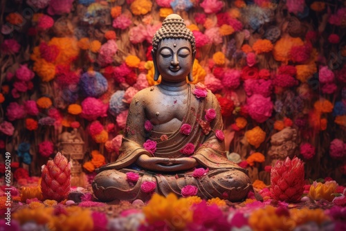 Buddha meditating in a garden surrounded by colorful flowers © Virginie Verglas