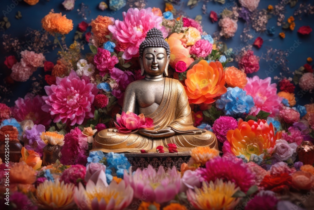 Buddha statue amidst a vibrant garden of flowers