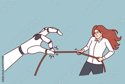 Woman and giant robot arm for concept of fight between human and artificial intelligence for jobs. Angry girl competing with robot who wants to take away work due to appearance of neural networks