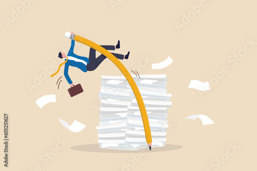 Efficiency or productivity to finish work, manage busy workload or paperwork, project documents or overcome exhausted or challenge concept, businessman jump pole vault over busy document paper.