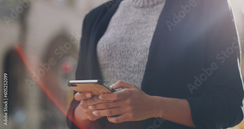 Hands, phone and business woman with closeup in city, texting and networking for email communication on web. Businesswoman, smartphone or typing in metro street for social media app, chat and contact