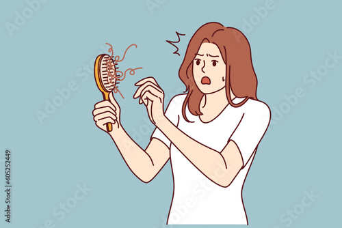 Woman learns about problem of hair loss sees comb and opens mouth in surprise. Shocked girl needs remedy for hair loss or consultation with cosmetologist who recommended shampoo for head