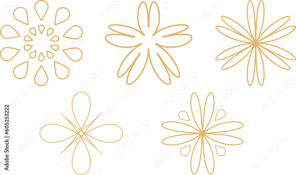 Asian patterns, flowers and lanterns, vector line illustration