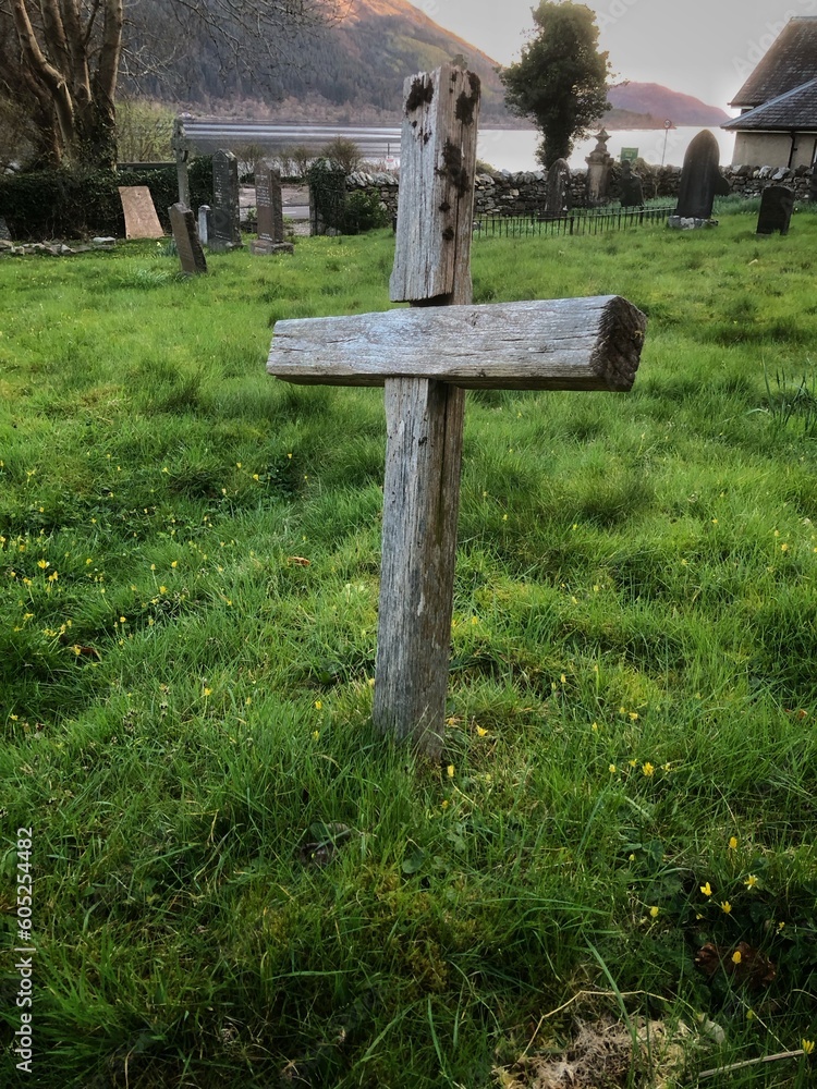 Wooden cross at graveyard. Cemetry. Fort William. Onich. Scotland. Wooden cross at graveyard. Cemetry. Fort William. Onich. Scotland.