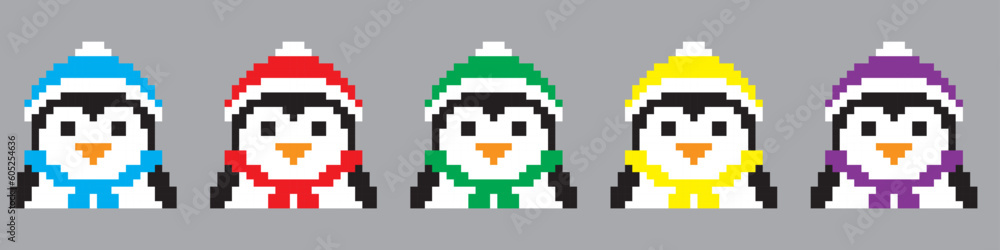 Pixel art 8-bit.Set of a penguin pixel art of different colors.Dotted pop art illustration.Creative Vision Logotype concept. 