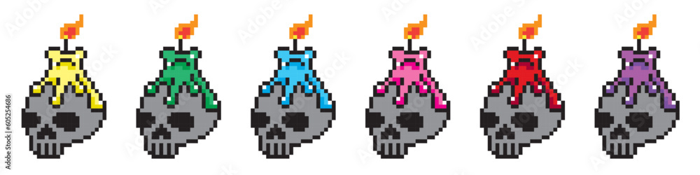 Pixel art 8-bit.Set of a skull vector icons of different colors.Dotted pop art illustration.Creative Vision Logotype concept.
Pixel art 8-bit.Set of a skull vector icons of different colors.Dotted pop art illustration.Creative Vision Logotype concept.