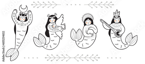 Set with four cute folk mermaids in line doodle design, isolated vector illustration in line art