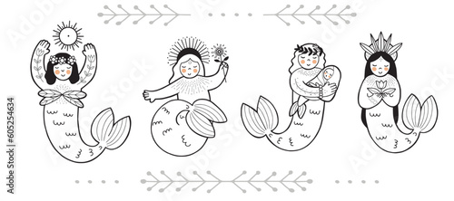 Set with cute folklore style mermaids in line doodle design, isolated vector illustration in line art