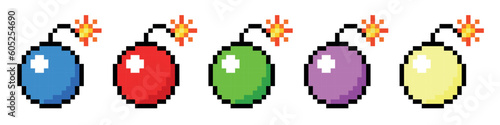 Pixel art 8-bit.Set of a bombs of different colors.Dotted pop art illustration.Creative Vision Logotype concept. 
