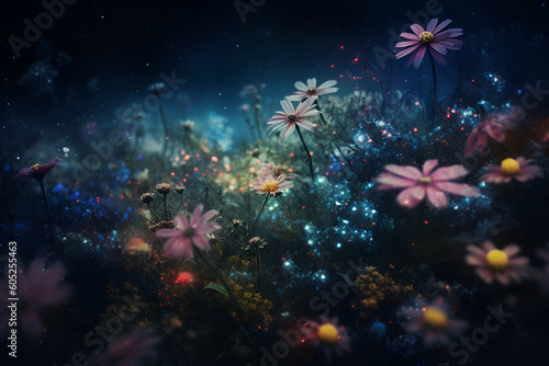 Abstract fantasy space plants and glowing flowers. Extraterrestrial galaxy background with unusual magical nature  game or fairy tale beautiful scene. Deep space stars AI Illustration for wallpaper.