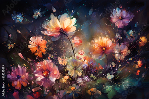 Abstract space and stars with multicolor flower, color galaxy background. AI Illustration. Digital art. © Oksana Smyshliaeva
