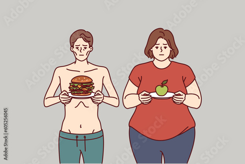 Improper diet led to anorexia or obesity due to metabolic problems or not meeting norm of calories and carbohydrates. Thin man and fat woman need right diet and help of nutritionist doctor