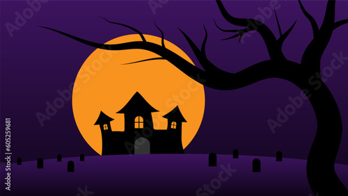 happy Halloween holiday party background. haunted castle cartoon on hills with full moon in night sky